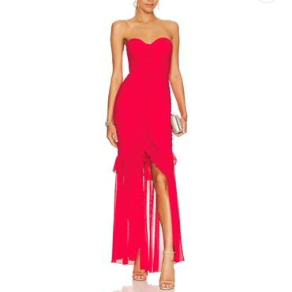 MAJORELLE Strapless Ruffle Maxi Dress in Cherry Red